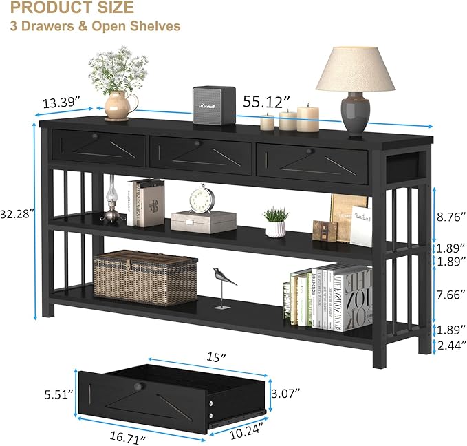 HSH Black Entryway Table with Drawers, 55” Sofa Table with Storage for Living Room, 3 Tier Console Tables with Shelves for Entrance, Wood Metal Entry Hallway Table Behind Couch, Black Oak, 55 Inch