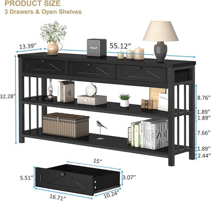 HSH Black Entryway Table with Drawers, 55” Sofa Table with Storage for Living Room, 3 Tier Console Tables with Shelves for Entrance, Wood Metal Entry Hallway Table Behind Couch, Black Oak, 55 Inch
