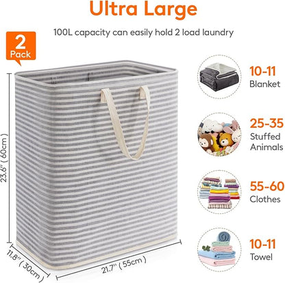Lifewit 2 Pack Laundry Hamper Large Collapsible Laundry Baskets, Freestanding Waterproof Clothes Hamper with Easy Carry Handles in Laundry Room Bedroom Bathroom College Dorm, Grey, 2 x 100L