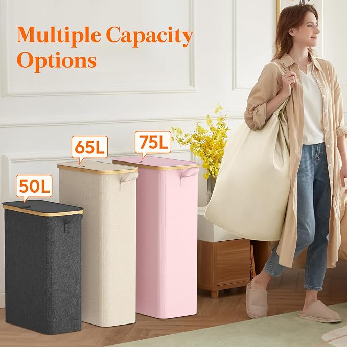 Lifewit 65L Slim Laundry Hamper with Lid, Narrow Laundry Basket with Removable Bag & Bamboo Handles, Fodable Thin Dirty Clothes Hamper for Laundry Collapsible Bin for Bathroom Bedroom Dorm, Dark Gray