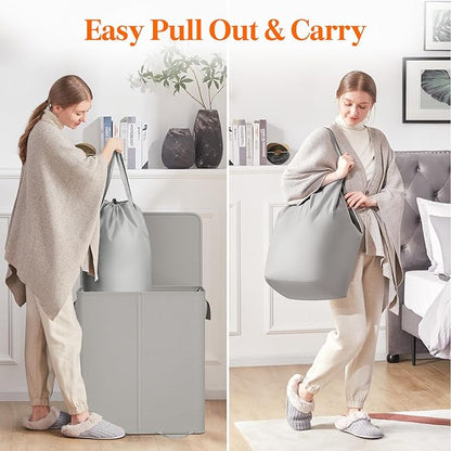 Lifewit Double Laundry Hamper with Lid and Removable Laundry Bags, Large Collapsible 2 Dividers Dirty Clothes Basket with Handles for Bedroom, Laundry Room, Closet, Bathroom, College, 155L Silver Gray