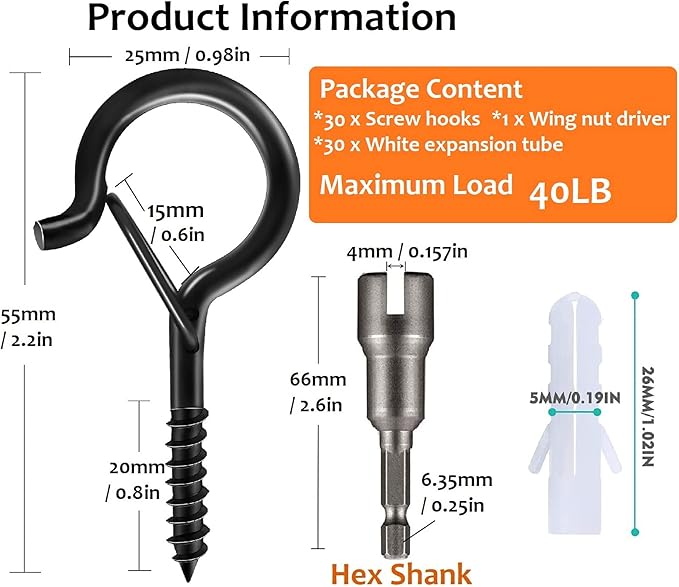 30 PCS Q-Hanger Screw Hooks with Safety Buckle Design, Christmas Lights Hanger Hooks, Easy to Release, Include 1 Wing Nut Driver