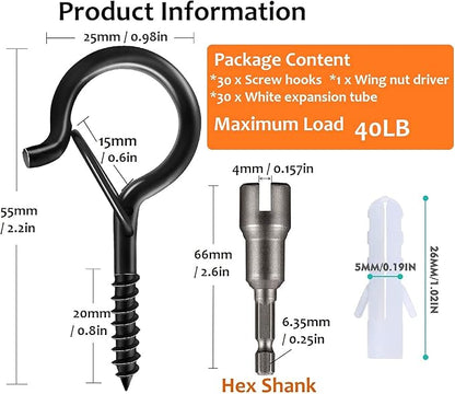 30 PCS Q-Hanger Screw Hooks with Safety Buckle Design, Christmas Lights Hanger Hooks, Easy to Release, Include 1 Wing Nut Driver