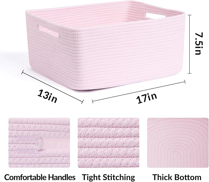MiniArk Large Storage Baskets for Shelves, Closet Organizers Bins for Clothes Blanket Towels, Baby Nursery, Toy Baskets Box, Woven Rope Baskets, 17 x 13 x 7.5”, 2 Packs Light Pink