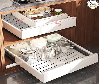 Seinloes Pull Out Cabinet Organizer,4-Side Expandable to Maximize Cabinet Space,Slide Out Drawers with 3 Rail Design,Roll Out Shelf with Raising Pad for Framed Cabinet,13"-21"W x 17"-24"D,White,2 Pack