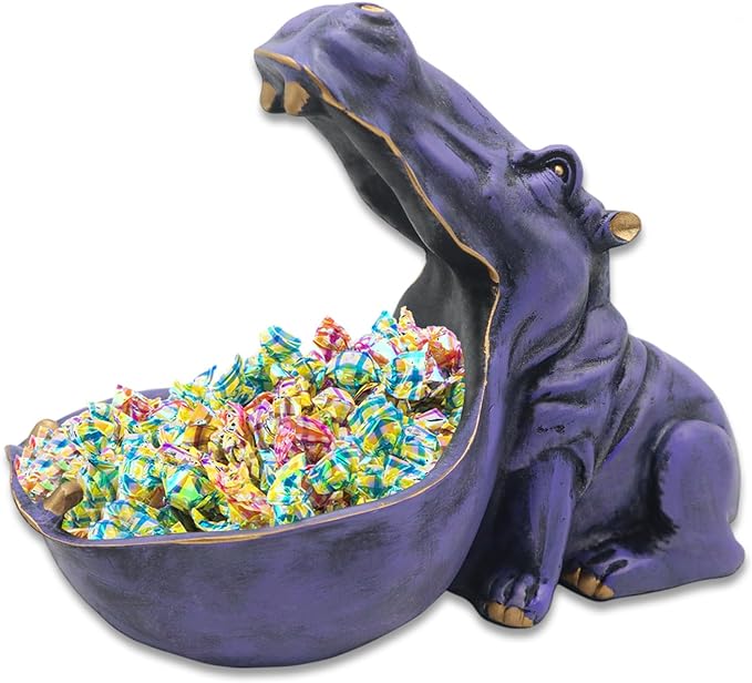 aboxoo Hippo Statue Home Resin Hippopotamus Figurine Fun Candy Dish,Key Bowl,Big Mouth Sculpture Table Art Decoration Sundries Container Storage Box (Purple)