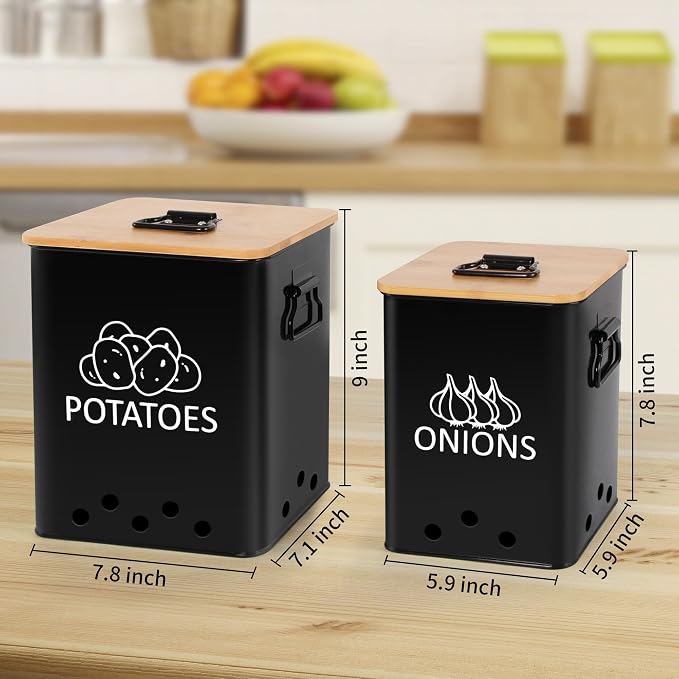 Potato and Onion Storage Bin, Set of 2 Vegetable Storage Tins with Wooden Lids & Side Handles, Dual-row Ventilation Holes, Farmhouse Metal Kitchen Canisters Sets, Black