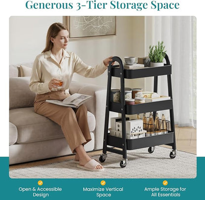 OLIXIS Metal 3 Tiers Utility Rolling Cart, Mobile Storage Shelf with Lockable Caster Wheels, Organization for Livingroom, Bathroom & Narrow Places, Black
