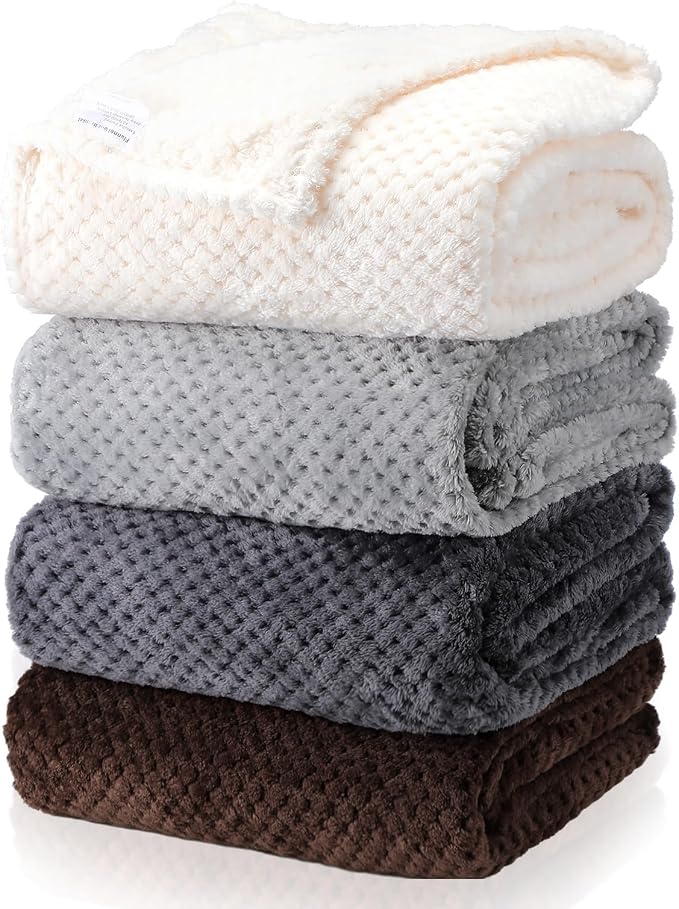 Newwiee 4 Pcs Flanne Fleece Throw Blanket for Bed Couch Large 3D Waffle Textured Soft Blanket Winter Warm Lightweight No Shedding No Pilling Decorative Throw, 50x60 Inch(Gradient Gray)