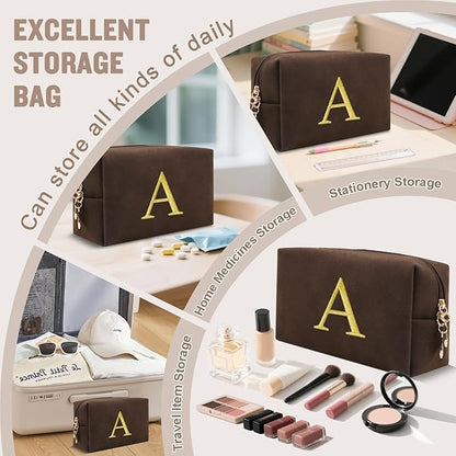 Personalized Initial Makeup Bag,Preppy Suede Cosmetic Bag for Teen Girls,Small Monogram Travel Toiletry Bag With Gold Embroidered Letter,Trendy Stuff Custom Christmas Gift for Women(Coffee-A)
