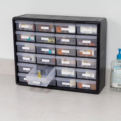 Akro-Mils 24-Drawer Plastic Storage Cabinet | 20" W x 6" D x 16" H | Black | Model 10124 | Garage Organization