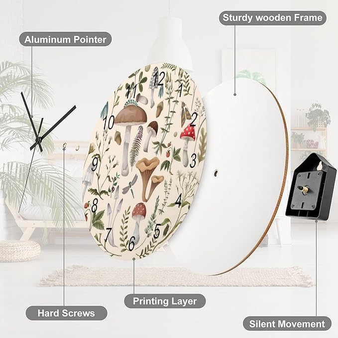 Botanical Wall Clock 12 Inch Silent Non Ticking Clock Wooden, Nature Cartoon Botanical Leaves Mushroom Plants Pattern Wall Clock Battery Operated Kitchen Bedroom Living Room Decor