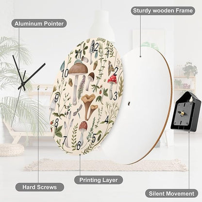Botanical Wall Clock 12 Inch Silent Non Ticking Clock Wooden, Nature Cartoon Botanical Leaves Mushroom Plants Pattern Wall Clock Battery Operated Kitchen Bedroom Living Room Decor