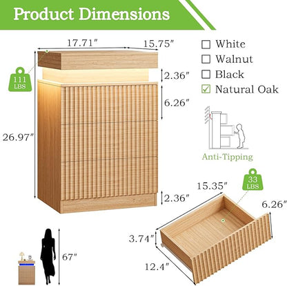 Nightstands Set of 2 with Charging Station & LED Lights, Modern Small Fluted Bedside & End Tables with 3 Drawers, Sliding Top & Hidden Storage, Wooden Farmhouse Night Stand for Bedroom, Natural Oak