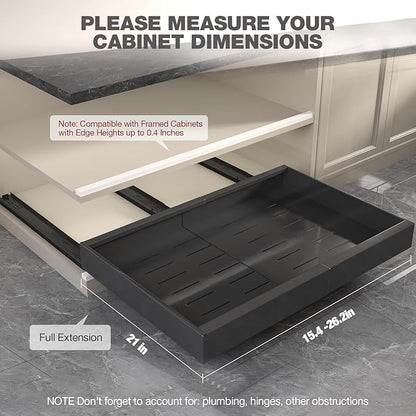 Seinloes 4 Pack Pull Out Cabinet Organizer 21" Deep,Full Extension 3 Slide Rails Slide Out Drawers With Raising Pad for Framed Cabinets,Expandable Width (15.4"-26.2"),No Drill Roll Out Shelves,Black