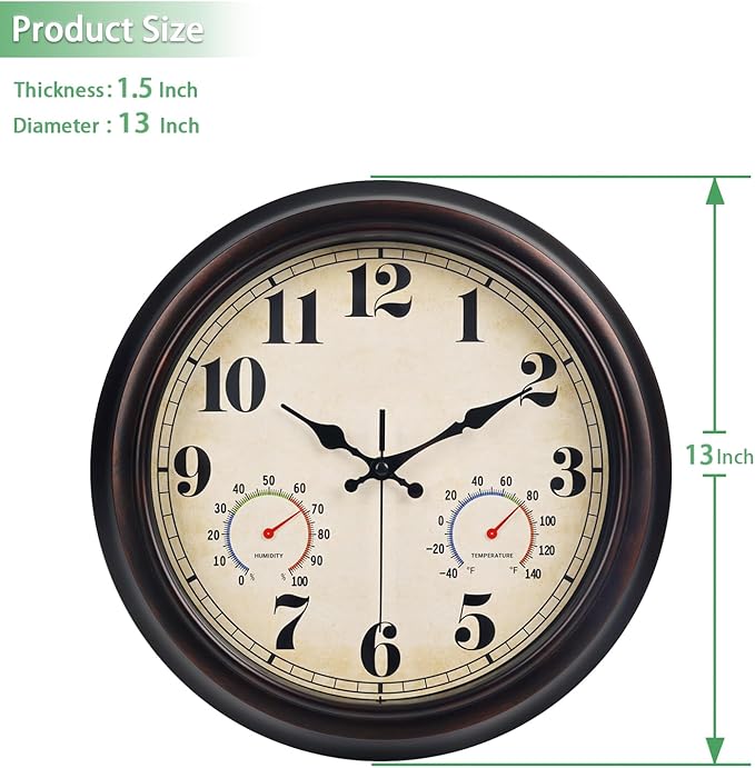 45MinST 13 Inch Red-Brown Vintage Waterproof Wall Clock with Thermometer & Hygrometer, Large Silent Numerals & Accurate Timekeeping for Indoor & Outdoor(Garden,Porch,Pool)