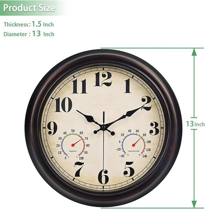 45MinST 13 Inch Red-Brown Vintage Waterproof Wall Clock with Thermometer & Hygrometer, Large Silent Numerals & Accurate Timekeeping for Indoor & Outdoor(Garden,Porch,Pool)