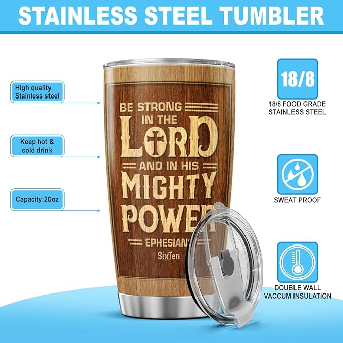 Be Strong in the Lord Wood Grain Design Tumbler 20oz, Inspirational Bible Verse Stainless Steel Travel Mug, Ephesians 6:10 Scripture Gift for Men, Christian Encouragement Cup