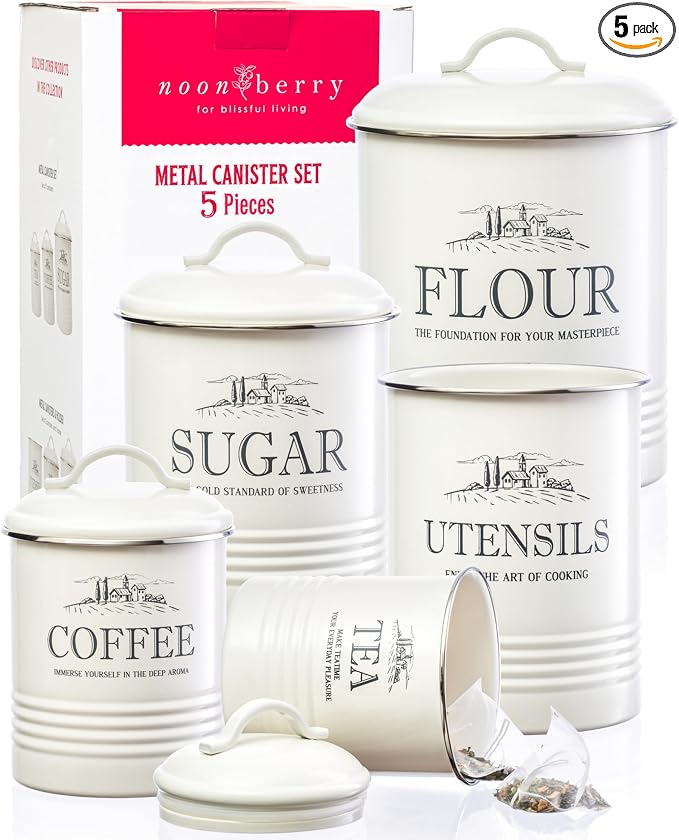 noonberry Kitchen Canisters for Countertop - 5-Piece Airtight Flour Sugar Coffee Tea Kitchen Canister Set with Utensil Holder - Sugar and Flour Containers for Kitchen Counter, Cream-White Finish