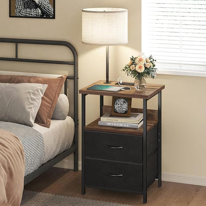 Fixwal Bedside Table with 3 Color Temperature Reading Light, Nightstand with LED Light & Charging Station End Table with Adjustable Fabric Drawer for Bedroom, Dorm, Rustic Brown