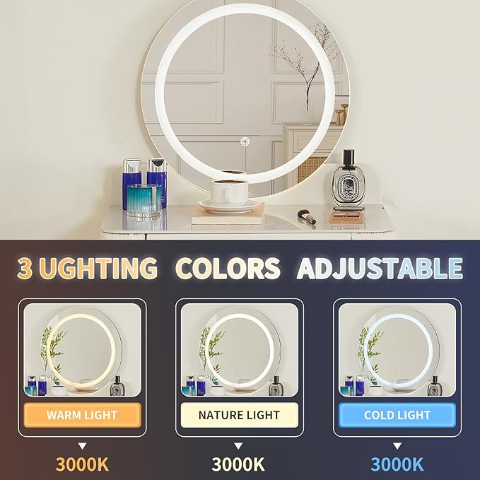 Makeup Vanity with Round Mirror,Light,Two Drawers,Cushioned Stool Set.Small Dressing Table for bedrooms and Dressing Rooms.White