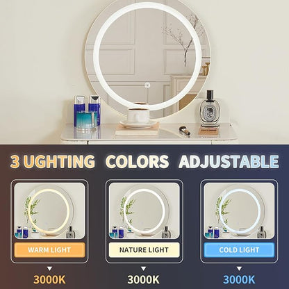 Makeup Vanity with Round Mirror,Light,Two Drawers,Cushioned Stool Set.Small Dressing Table for bedrooms and Dressing Rooms.White