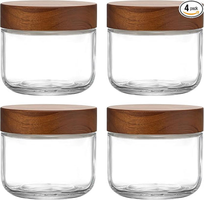 Danmu 8 oz Overnight Oats Containers with Lids,Glass Jars with Lids 4 Pack | Wooden Lid,Meal Prep,Yogurt,Leftovers,Leak-proof,Dishwasher Safe(remove lids),Fridge Safe,Portable,Stackable