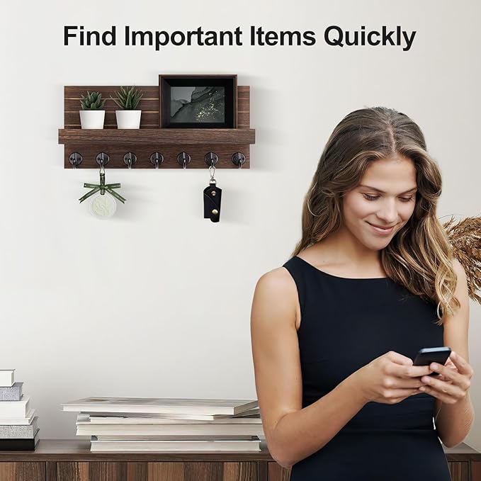 Key Holder Wall Mount, Entryway Key and Mail Holder with 7 Sturdy Hooks for Sunglasses, Dog Leash, Decorative Wall Shelf with Mounting Hardware, 15”W x 6.7”H x 4.2”D (Brown)