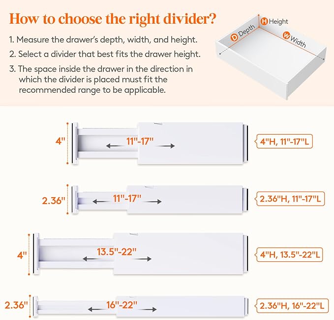 Lifewit 8 Pack Upgrade Drawer Dividers for Clothes, 4" High 11"-17" Adjustable Dresser Drawer Organizers, Expandable White Plastic Drawer Separators for Kitchen, Nursery, Office Organization & Storage