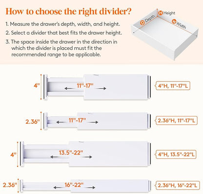 Lifewit 8 Pack 4" High Drawer Dividers 34-56cm/13.5-22" Adjustable Drawer Organizer for Clothes/Utensils, Expandable Drawer Separator in Dresser/Kitchen/Bedroom/Office Organization & Storage White