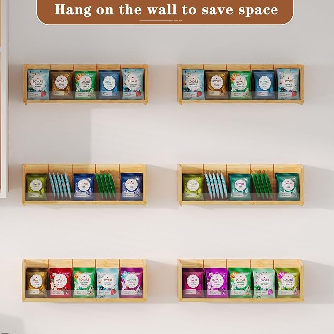 X-cosrack Bamboo Tea Bag Organizer Storage Box, 3 Tier Stackable Tea Bag Box Natural Wood, Wall Mount Tea Chests with Acrylic for tea bags Office Kitchen Cabinet Pantry