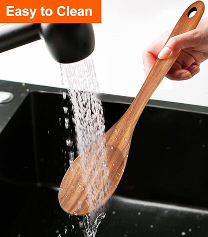 2-Piece 14 inch Large Wooden Spoon Set Non Toxic Solid Wood Spoons Cooking Utensils Slotted Spoon Long Non-Stick Cooking Spoons Teak Wood Kitchen Spatula for Mixing Stirring Serving Spoons