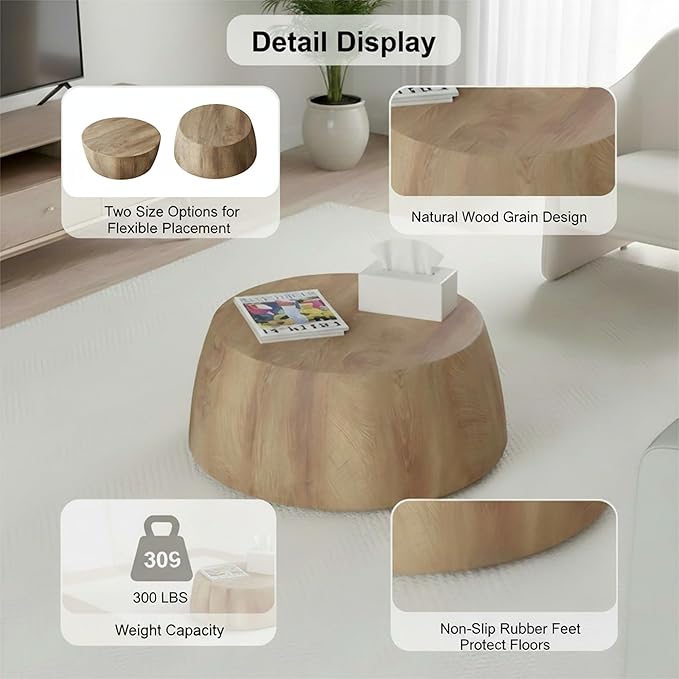 29.5" Round Coffee Table, Convertible Rustic Coffee Table Table with Wooden Veneer, Drum Coffee Table for Living Room, MDF, Already Assembled