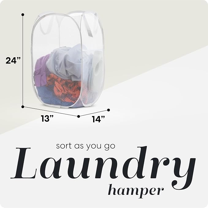 Pop Up Hamper, Collapsible Mesh Laundry Basket - Handy Laundry 71L Foldable Clothes Hamper with Reinforced Handles, Wide Opening and Side Pocket for Dorm, Travel, Cruise, Bedroom (White)