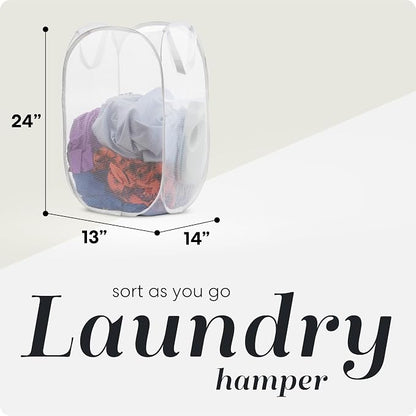 Pop Up Hamper, Collapsible Mesh Laundry Basket - Handy Laundry 71L Foldable Clothes Hamper with Reinforced Handles, Wide Opening and Side Pocket for Dorm, Travel, Cruise, Bedroom (White)