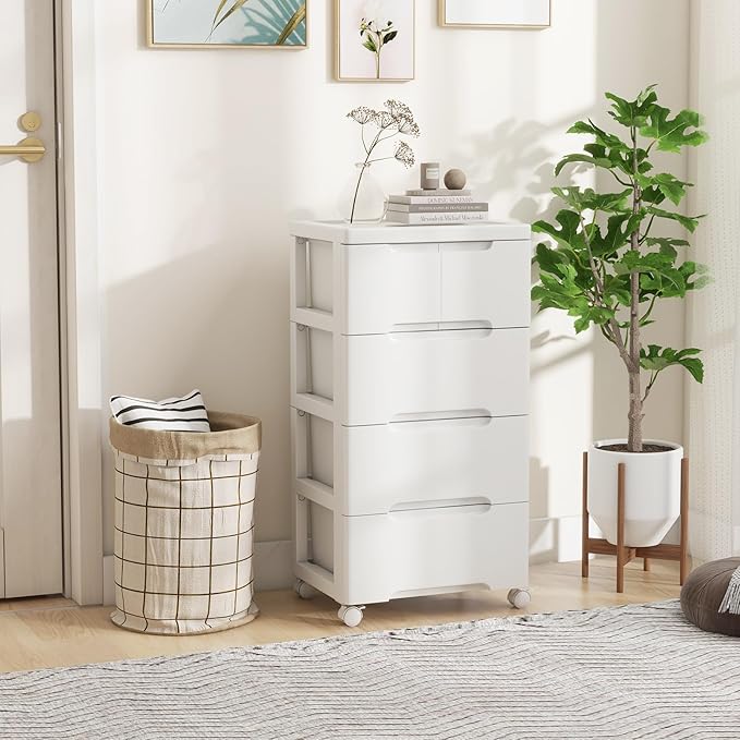 LOKO 5-Drawer Plastic Rolling Storage Cart, Mobile Storage Cabinet with 4 Universal Wheels, Vertical Storage Tower Container Unit for Living Room, Bedroom, Home Office, White (16”x13”x31” (5 Drawers))