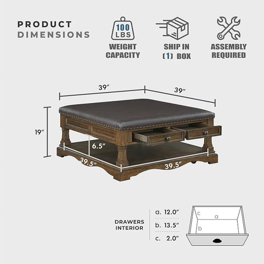 Lexicon 39 Inch Wood Coffee Table with 4 Drawers, Lower Open Shelf, Casters, Square Ottoman Coffee Table, Faux Leather Cocktail Ottoman, Nailhead Trim, Footrest for Living Room, Easy Assembly, Brown