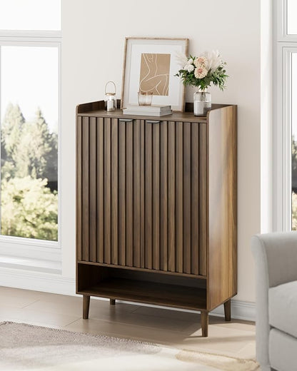 Large 6-Tier Shoe Storage Cabinet with Fluted 2 Doors, 44" Tall Freestanding Entryway Shoe Cabinet with Adjustable Shelves,(Walnut