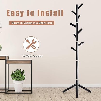 Coat Rack, Coat Racks Freestanding with 8 Hooks 3 Adjustable Heights for Clothes, Hats, Handbags, Coat Tree Easy Assembly for Entryway, Bedroom, Hallway, Office(Brown 2PCS)