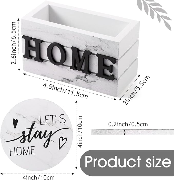 Queekay Coasters Set of 6 House Warming Gifts New Home Wooden Farmhouse Drink Coasters with Holder 4'' Funny Decoration for Kitchen Family Coffee Bar Tabletop Protection(White Marble)