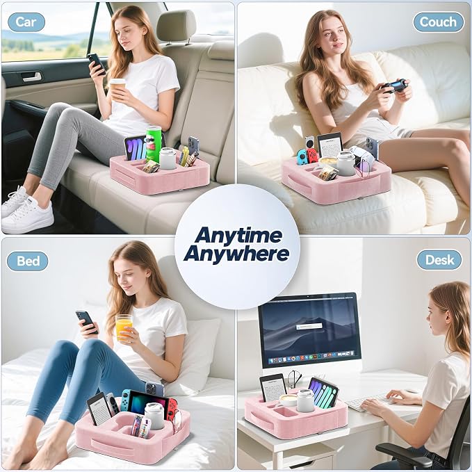 Couch Cup Holder Pillow, Sofa and Bed Caddy for iPad, Kindle, Switch, Game Controller, Remotes, Phones, Small-Sized Cup and Drink Holder for Couch, Bed, Desk, Car, Beach, Bathroom Cup Holder, Pink