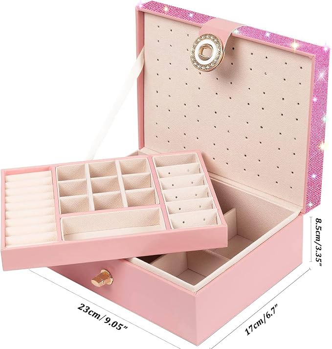 QBestry Jewelry Box for Earrings for Girls Jewelry Organizer Box Earring Holder Organizer for Girl Earring Box Jewelry Box Stud Earring Organizer for Girls Earring Jewelry Boxes for Women Pink Bling