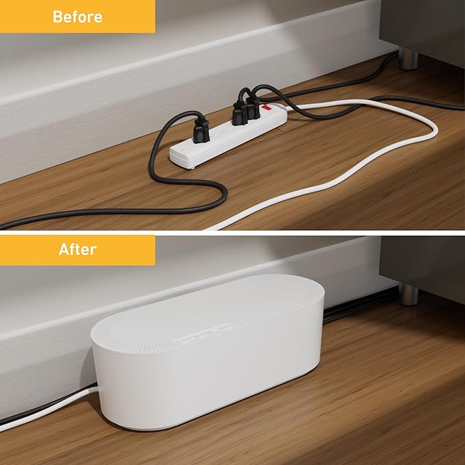 D-Line Cable Management Box, Power Strip Holder, Floor Outlet Hiders, Desk Cord Organizer, Cover TV Wires, Wire Storage – 16.5 in (Length) x 6.5in (Width) x 5.25in (Height) - Large, White