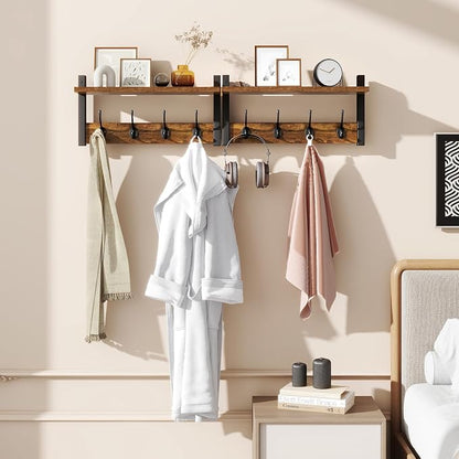 YMYNY Coat Rack Shelf Wall Mounted, Coat Hooks Set of 2, Entryway Coat Hanger with 8 Hooks, 31.5" Wall Floating Shelf with Hat Rack, for Kitchen, Bedroom, Bathroom, Rustic Brown UHWS001H-2