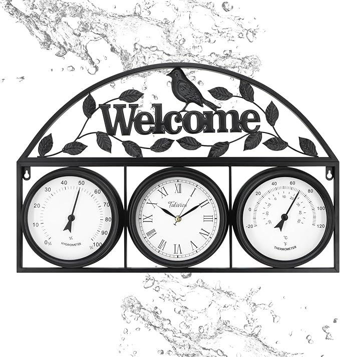 26Inch Large Outdoor Clock,Waterproof Wall Clock with Thermometer and Hygrometer Combo,Weatherproof Non-Ticking Battery Operated Decor Clock for Patio,Garden,Pool,Porch,House Warming Gifts