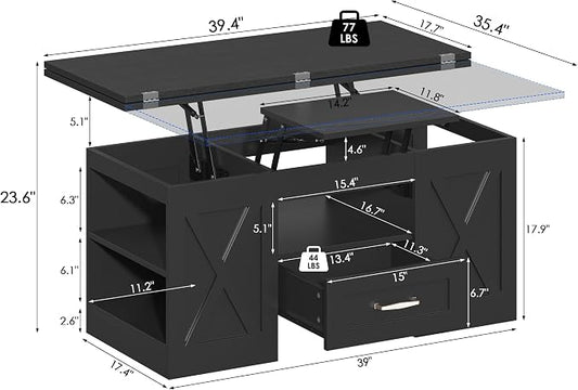 kepptory 39.4'' Lift Top Coffee Table with Storage, 4 in 1 Multi-Function Convertible Coffee Tables for Living Room, Farmhouse Coffee Table with Open Storage Compartment & Drawers (Black)