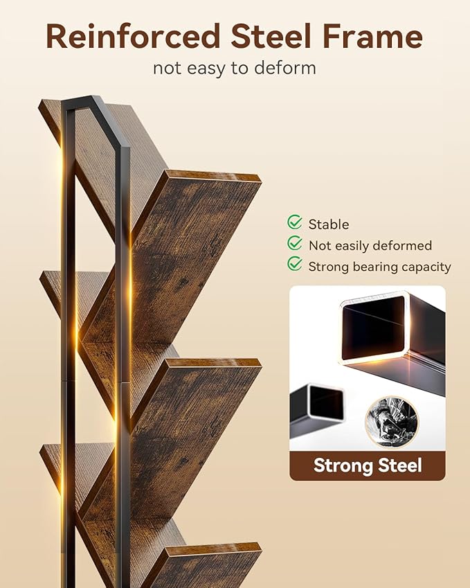 Casaottima Tree Bookshelf with LED Lights, 6-Tier Narrow Bookcase for Small Spaces, Tall Steel & Wood Storage Shelf with Cabinet, Home Decor & Organizer for Living Room/Bedroom/Home Office, Vintage