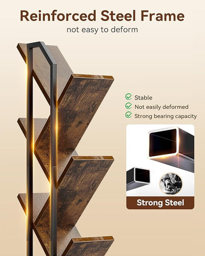 Casaottima Tree Bookshelf with LED Lights, 6-Tier Narrow Bookcase for Small Spaces, Tall Steel & Wood Storage Shelf with Cabinet, Home Decor & Organizer for Living Room/Bedroom/Home Office, Vintage