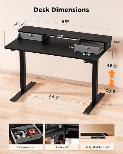 FiCiHi Standing Desk with Drawers, C-Clamp Mount Compatible, 55x24 Inch Electric Adjustable Height Computer Stand Up Desks, Home Office Sit Stand Table with 3 Preset Heights & 2 Hooks, Black