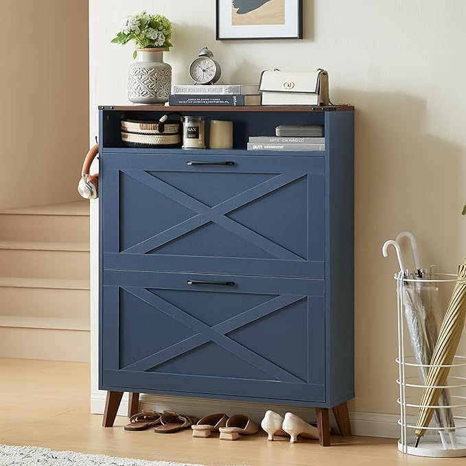 Shoe Storage Cabinet with 2 Flip Drawers, Farmhouse Shoe Organizer for Entryways, Narrow Hidden Rack & Open Storage, Free Standing Closet for Foyers, Hallways, Navy Blue